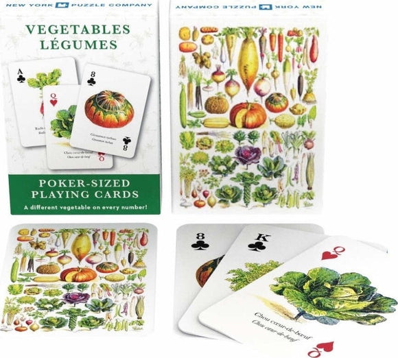 A box of Vegetable Playing Cards by New York Puzzle Company. The front displays the title 'Vegetables' with a colorful illustration of various vegetables. There are poker-sized playing cards showing different vegetables, including a pumpkin and lettuce, illustrating the unique design of each card with vibrant, hand-drawn images.