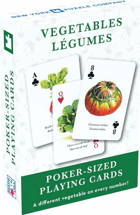 Vegetable Playing Cards by New York Puzzle Company, featuring poker-sized cards adorned with illustrations of various vegetables, including radishes and squash. The cards come in a decorative box labeled 'Vegetables' in green text, making them a fun addition to game nights or educational activities.