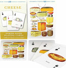 Cheese Playing Cards by New York Puzzle Company, featuring poker-sized cards with a unique illustration of various cheeses on each card. The package displays an assortment of cheese types and their descriptions, emphasizing creativity and fun. Ideal for cheese lovers and game enthusiasts, these cards provide a delightful twist to traditional card games.