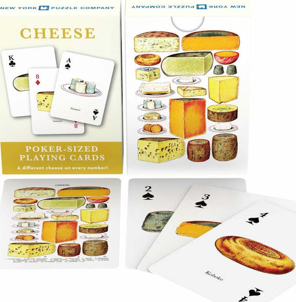 Cheese Playing Cards by New York Puzzle Company, featuring poker-sized cards with a unique illustration of various cheeses on each card. The package displays an assortment of cheese types and their descriptions, emphasizing creativity and fun. Ideal for cheese lovers and game enthusiasts, these cards provide a delightful twist to traditional card games.