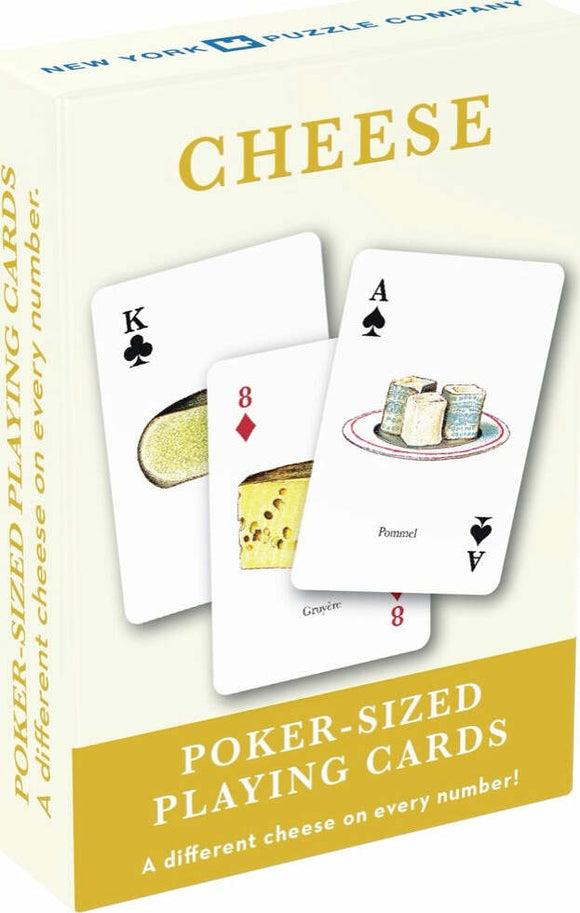 A box of Cheese Playing Cards by New York Puzzle Company showing several playing cards depicting different types of cheese, including illustrations and poker card values. The box is designed in a bright color scheme with 'Cheese' and 'Poker-Sized Playing Cards' prominently displayed.
