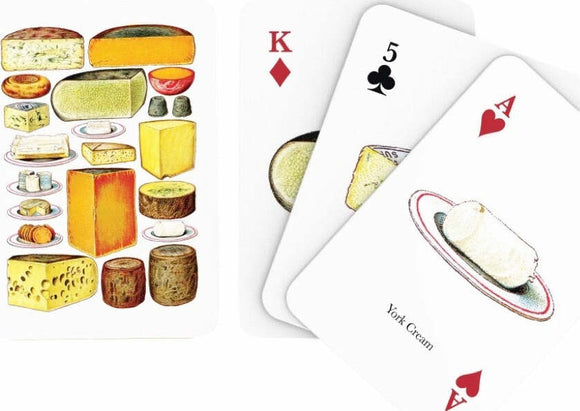 Cheese Playing Cards featuring vibrant illustrations of various cheeses and related items, showcasing a fun design for game enthusiasts. Includes standard playing card values.