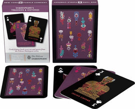 A vibrant set of Shakespeare's Tragedies & Histories playing cards by New York Puzzle Company. The box features illustrations and quotes from Shakespeare's works. Three cards are displayed, showing colorful designs with motifs representing the themes of the tragedies, including Julius Caesar. The black background provides contrast to the intricate art and lettering.