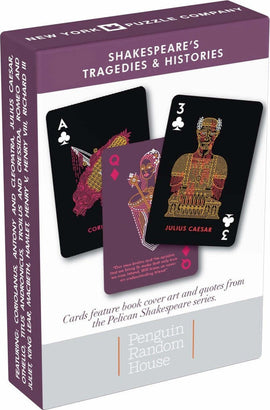 Shakespeare Cards: Tragedies & Histories from New York Puzzle Company. Featuring beautifully designed cards with imagery and quotes from Shakespeare's works, including titles like Julius Caesar and Hamlet. Ideal for game nights and literary enthusiasts.