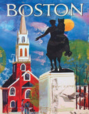 A colorful jigsaw puzzle featuring a picturesque Boston scene with a statue of a horse and rider in front of a red church and a clear blue sky. The backdrop is bright and vibrant, capturing the essence of the city, while people engage in leisurely activities in the foreground.