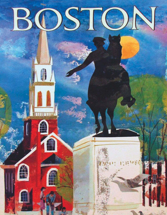 A colorful jigsaw puzzle featuring a picturesque Boston scene with a statue of a horse and rider in front of a red church and a clear blue sky. The backdrop is bright and vibrant, capturing the essence of the city, while people engage in leisurely activities in the foreground.
