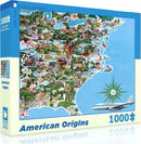 The American Origins Puzzle from New York Puzzle Company features a colorful and detailed illustration of the eastern United States, depicting notable landmarks, cultural icons, and natural wonders. This 1000-piece jigsaw puzzle offers a vibrant exploration of America's heritage through engaging imagery, making it perfect for puzzle enthusiasts and history lovers alike.