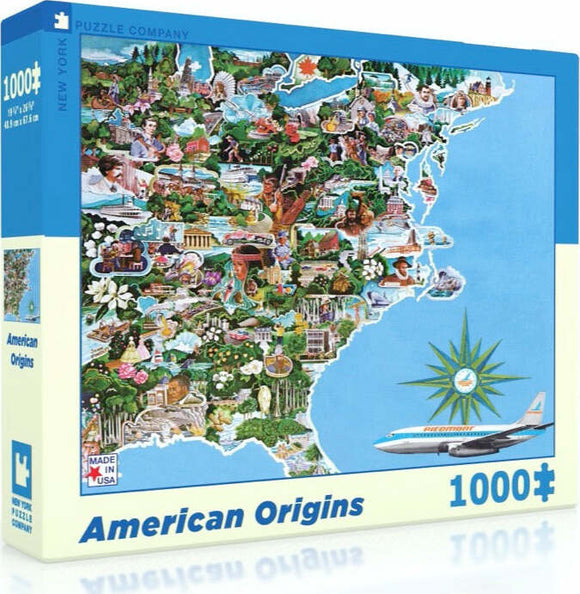 The American Origins Puzzle from New York Puzzle Company features a colorful and detailed illustration of the eastern United States, depicting notable landmarks, cultural icons, and natural wonders. This 1000-piece jigsaw puzzle offers a vibrant exploration of America's heritage through engaging imagery, making it perfect for puzzle enthusiasts and history lovers alike.