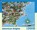 A visually rich 1000-piece jigsaw puzzle titled 'American Origins' by New York Puzzle Company. The puzzle features a colorful map of the Eastern United States filled with iconic landmarks, historical figures, and regional symbols, including a plane and a compass.
