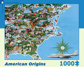 A visually rich 1000-piece jigsaw puzzle titled 'American Origins' by New York Puzzle Company. The puzzle features a colorful map of the Eastern United States filled with iconic landmarks, historical figures, and regional symbols, including a plane and a compass.
