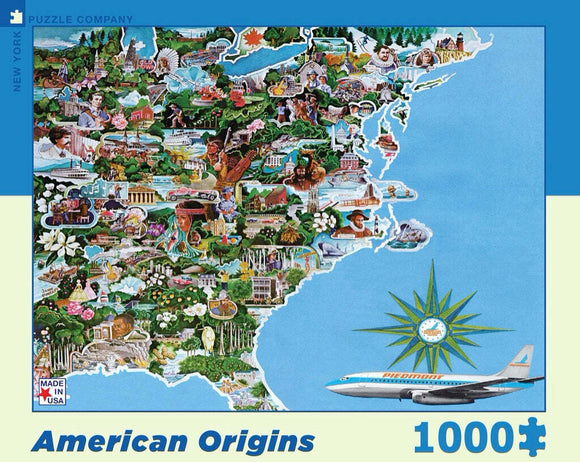 A visually rich 1000-piece jigsaw puzzle titled 'American Origins' by New York Puzzle Company. The puzzle features a colorful map of the Eastern United States filled with iconic landmarks, historical figures, and regional symbols, including a plane and a compass.