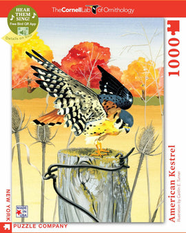A vibrant jigsaw puzzle featuring an American Kestrel perched on a wooden post. The background showcases colorful autumn trees, highlighting the intricate details of the bird's plumage. This 1000-piece puzzle is illustrated by Caitlin E. Turner and produced by New York Puzzle Company.