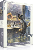 The 'Something Familiar Puzzle' by New York Puzzle Company features an illustrated scene with a whimsical witch observing animals in a shop window. The box displays the puzzle's name, total of 500 pieces, and dimensions of 18 x 24 inches. The artwork is colorful and playful, inviting nostalgia and imaginative storytelling.