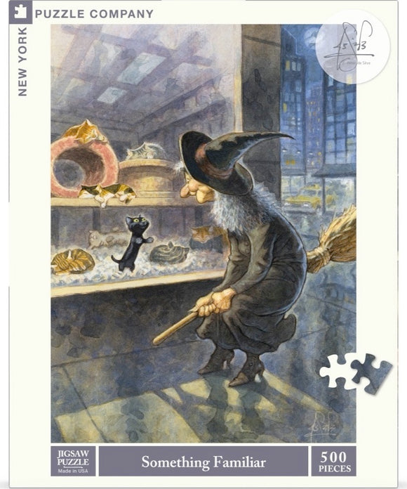 A whimsical 500-piece jigsaw puzzle titled 'Something Familiar' by New York Puzzle Company, featuring a witch with a broomstick observing playful cats in a pet shop window.
