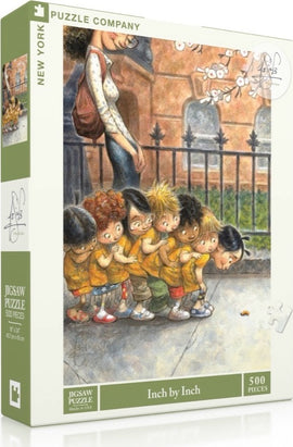 Inch by Inch Puzzle by New York Puzzle Company featuring an illustration of children lined up in playful anticipation on a city street. The box displays colorful characters and highlights that it contains 500 pieces, perfect for family fun or individual relaxation.
