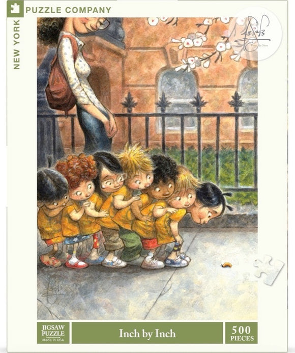 A charming 500-piece jigsaw puzzle titled 'Inch by Inch' by New York Puzzle Company, featuring a whimsical illustration of children lined up in a park, intently observing a small caterpillar on the ground, surrounded by greenery and flowers.