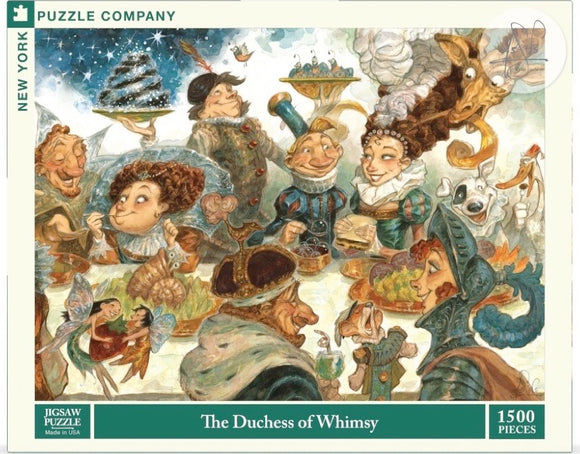 A whimsical jigsaw puzzle titled 'The Duchess of Whimsy' featuring colorful and playful characters engaged in a feast. The scene includes a mix of joyful individuals and animals, surrounded by various foods and a large cake adorned with sparkling decorations. This 1500-piece puzzle from New York Puzzle Company captures a delightful and imaginative gathering.