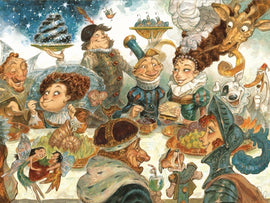A whimsical jigsaw puzzle titled 'Duchess of Whimsy' depicting a lively banquet scene filled with quirky characters like a knight, fairy-like figures, and animals, set against a starry night background. The illustration features a lavish spread of food and drinks, inviting a sense of adventure and fun.