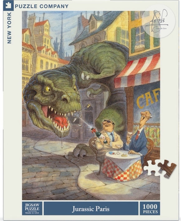 The Jurassic Paris jigsaw puzzle features a whimsical scene of a tyrannosaurus rex playfully interrupting two well-dressed men dining at a café. The dinosaur is depicted with an amused expression as it sprays champagne towards the men, who appear unfazed and continue enjoying their drinks. The backdrop showcases charming Parisian architecture under a sunny sky, emphasizing a blend of humor and prehistoric fun. This colorful illustration captures the playful chaos of contrasting eras in an imaginative way.