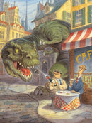 A whimsical jigsaw puzzle titled 'Jurassic Paris' by New York Puzzle Company, featuring a cartoon-style illustration. The scene depicts a large dinosaur looming over two men seated at an outdoor café table. One man is spraying champagne, while the other enjoys a drink, surrounded by charming Parisian buildings in the background. The vibrant colors and humorous composition create a playful atmosphere.