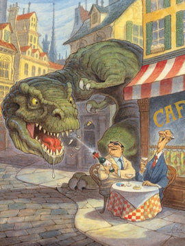 A whimsical jigsaw puzzle titled 'Jurassic Paris' by New York Puzzle Company, featuring a cartoon-style illustration. The scene depicts a large dinosaur looming over two men seated at an outdoor café table. One man is spraying champagne, while the other enjoys a drink, surrounded by charming Parisian buildings in the background. The vibrant colors and humorous composition create a playful atmosphere.