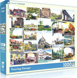The Touring Europe Puzzle (1000 pieces) by New York Puzzle Company features a colorful collage of vintage cars against iconic European landscapes and landmarks. This jigsaw puzzle showcases charming illustrations, inviting puzzle enthusiasts to explore and piece together scenes from stunning locations across Europe.