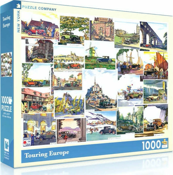 The Touring Europe Puzzle (1000 pieces) by New York Puzzle Company features a colorful collage of vintage cars against iconic European landscapes and landmarks. This jigsaw puzzle showcases charming illustrations, inviting puzzle enthusiasts to explore and piece together scenes from stunning locations across Europe.
