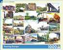 A 1000-piece jigsaw puzzle titled 'Touring Europe' by New York Puzzle Company, featuring vintage scenes of European locales with classic cars. The design showcases picturesque landscapes, historical architecture, and charming town squares depicted in colorful illustrations.