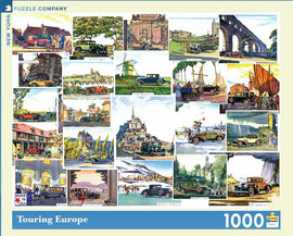 A 1000-piece jigsaw puzzle titled 'Touring Europe' by New York Puzzle Company, featuring vintage scenes of European locales with classic cars. The design showcases picturesque landscapes, historical architecture, and charming town squares depicted in colorful illustrations.