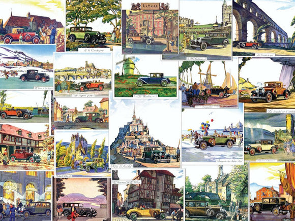 The Touring Europe Puzzle (1000pc) features colorful vintage illustrations of classic cars against picturesque European landscapes. Each piece showcases a unique scene, including historic landmarks, charming villages, and beautiful countryside, inviting puzzlers to explore the beauty of Europe piece by piece.
