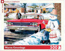 A nostalgic winter scene featuring a cheerful snowman, two children playing in the snow, and a classic red car from 1960. The background shows suburban homes blanketed in snow, capturing a warm and festive atmosphere perfect for crafting memories with family. This 500-piece jigsaw puzzle invites puzzle lovers to enjoy assembling a reminiscent holiday moment.