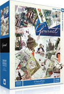 A Taste of Paris Gourmet Puzzle box, featuring an artistic collage representing iconic Parisian scenes such as dining, landmarks, and cultural elements. The jigsaw includes 1500 pieces and is beautifully illustrated with a vintage-inspired design by Henry Stahlhut.