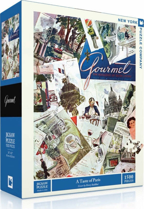 A Taste of Paris Gourmet Puzzle box, featuring an artistic collage representing iconic Parisian scenes such as dining, landmarks, and cultural elements. The jigsaw includes 1500 pieces and is beautifully illustrated with a vintage-inspired design by Henry Stahlhut.