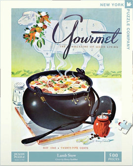 A colorful illustration of a cozy kitchen scene featuring a large black pot of lamb stew, garnished with vegetables. The background includes a whimsical sheep with a floral wreath. The cover design is from the May 1946 issue of Gourmet magazine, highlighting the artwork of Henry Stuhlman. This 500-piece jigsaw puzzle captures a nostalgic culinary theme, perfect for puzzle enthusiasts and food lovers.