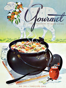 A colorful jigsaw puzzle featuring a gourmet lamb stew, with a steaming pot filled with vibrant ingredients. The background displays an artistic sheep outlined with numbers, representing a playful culinary theme. The design is reminiscent of a vintage magazine cover, drawing attention with its eye-catching colors and gourmet appeal.
