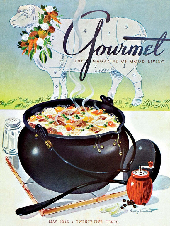 A colorful jigsaw puzzle featuring a gourmet lamb stew, with a steaming pot filled with vibrant ingredients. The background displays an artistic sheep outlined with numbers, representing a playful culinary theme. The design is reminiscent of a vintage magazine cover, drawing attention with its eye-catching colors and gourmet appeal.