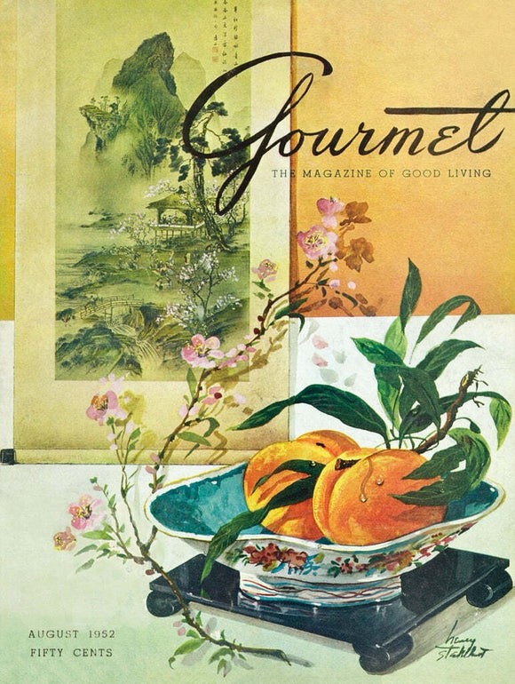 A vibrant jigsaw puzzle featuring a still life of peaches in a decorative bowl, set against a backdrop with gentle floral and landscape motifs. This 1000-piece puzzle captures the essence of gourmet living from an illustrated vintage magazine cover, emphasizing the beauty of food and nature.