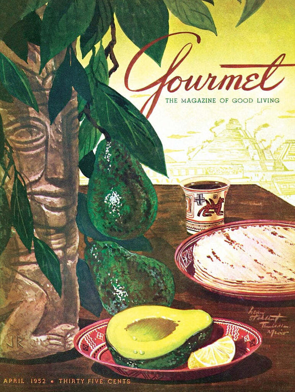 A vibrant gourmet puzzle design featuring ripe avocados, tortillas, a decorative plate, and a colorful ceramic cup. The background includes lush green leaves and a carved stone figure, evoking a rich cultural ambiance.