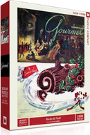 The Buche de Noel Puzzle (1000 pieces) features a vintage magazine cover from 1950, showcasing a festive holiday scene with a Yule log dessert decorated with holly. The artwork reflects a cozy gathering by the fireplace, filled with people in traditional holiday attire. The packaging displays vibrant colors and the logo of New York Puzzle Company.