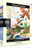 House & Garden Swan Cottage Jigsaw Puzzle featuring a serene illustration with swans flying above a quaint cottage and vibrant garden scenery. Contains 1000 interlocking pieces.