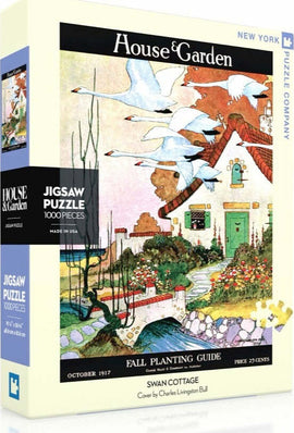 House & Garden Swan Cottage Jigsaw Puzzle featuring a serene illustration with swans flying above a quaint cottage and vibrant garden scenery. Contains 1000 interlocking pieces.