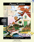 A beautifully illustrated jigsaw puzzle titled 'Swan Cottage' featuring a charming cottage surrounded by vibrant flowers and flying swans. The puzzle has 1000 pieces and highlights a nostalgic design from the October 1917 issue of House & Garden, illustrated by Charles Livingston Bull. The packaging showcases lush greenery and a serene water path, ideal for puzzle enthusiasts.