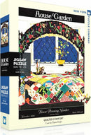 Quilted Comfort Puzzle by New York Puzzle Company featuring a vibrant illustration of a cozy bedroom with a patchwork quilt, window view, and ornamental details. The jigsaw puzzle consists of 500 pieces and is designed for ages 13 and up, encouraging creativity and relaxation.