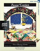 Quilted Comfort Puzzle (500 pieces) features a vibrant vintage design depicting a cozy bedroom with a patchwork quilt and a window showcasing a starry night. The jigsaw puzzle, by New York Puzzle Company, is perfect for family fun and relaxation.
