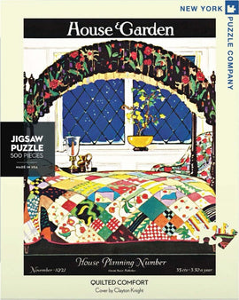 Quilted Comfort Puzzle (500 pieces) features a vibrant vintage design depicting a cozy bedroom with a patchwork quilt and a window showcasing a starry night. The jigsaw puzzle, by New York Puzzle Company, is perfect for family fun and relaxation.