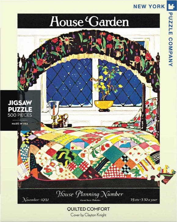 Quilted Comfort Puzzle (500 pieces) features a vibrant vintage design depicting a cozy bedroom with a patchwork quilt and a window showcasing a starry night. The jigsaw puzzle, by New York Puzzle Company, is perfect for family fun and relaxation.