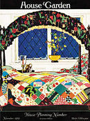 A beautifully illustrated quilted bedspread featuring various colorful patchwork patterns displayed on a bed inside a cozy room. The scene is framed by a floral arch over a window, with a view of a starry night sky. A vase with flowers and a small glass sit on a nearby table, adding charm to the setting, reminiscent of vintage magazine illustrations.