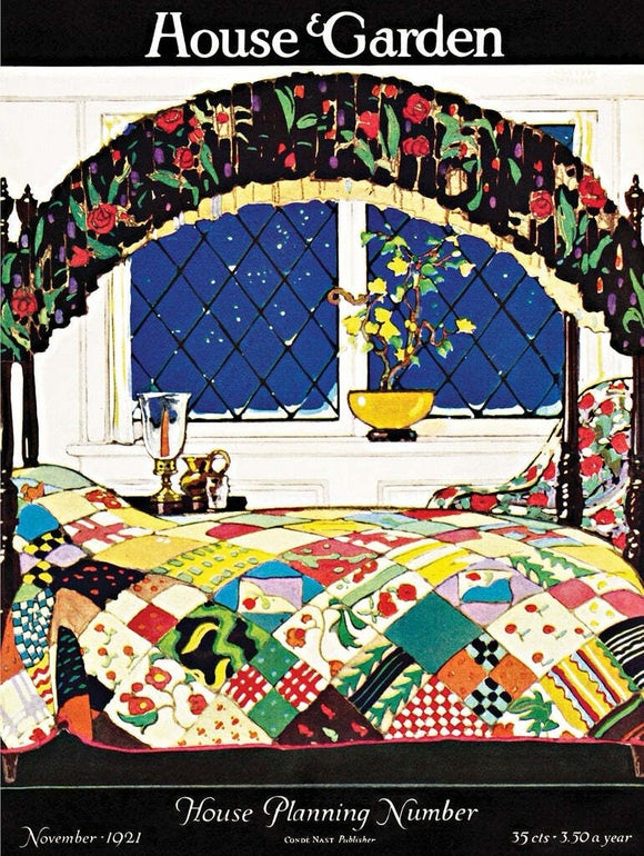 A beautifully illustrated quilted bedspread featuring various colorful patchwork patterns displayed on a bed inside a cozy room. The scene is framed by a floral arch over a window, with a view of a starry night sky. A vase with flowers and a small glass sit on a nearby table, adding charm to the setting, reminiscent of vintage magazine illustrations.