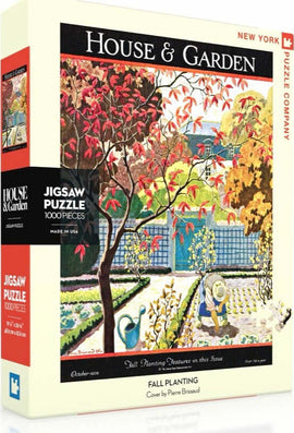 New York Puzzle Company's 1000-piece jigsaw puzzle titled 'Fall Planting'. The box features a vibrant illustration of a gardener planting flowers in a garden surrounded by colorful autumn leaves, with a blue trellis in the background.