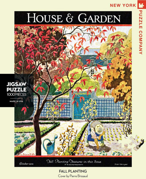 A 1000-piece jigsaw puzzle titled 'Fall Planting' by New York Puzzle Company. The artwork, by Pierre Brissaud, features a vibrant autumn garden scene with a gardener tending to colorful plants and trees adorned with red leaves. The background includes a garden fence and a watering can, evoking a sense of tranquility and nature's beauty during the fall season.